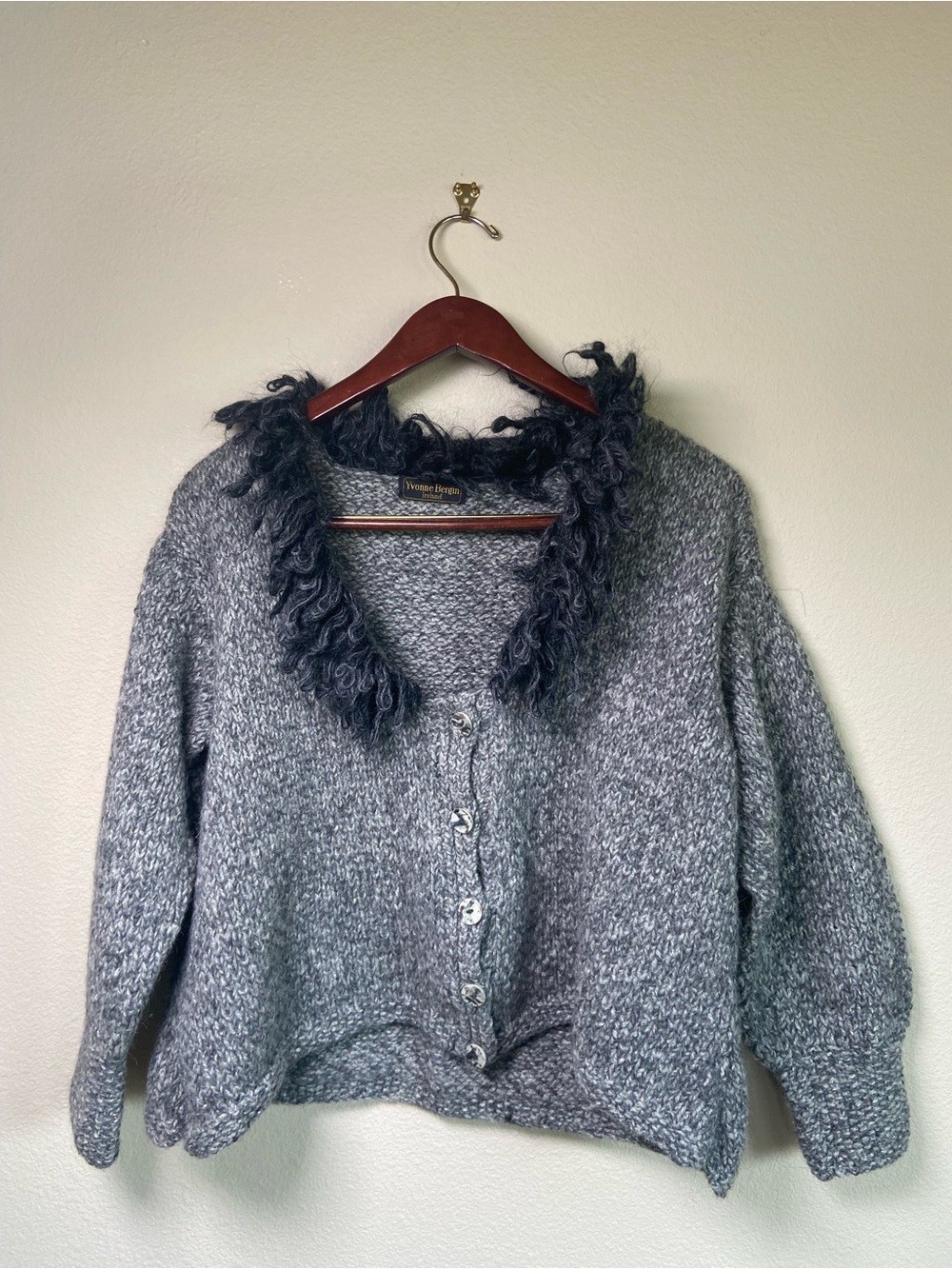 Vintage Yvonne Bergin Ireland Knit Cardigan with Faux Fur Trim